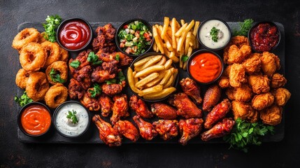 A vibrant platter of assorted appetizers including wings, fries, and dips for sharing.