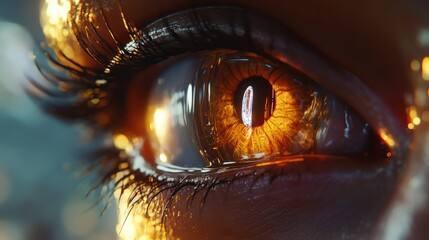 a cybernetic eye with a teardrop-shaped pupil, conveying a sense of emotion and vulnerability amidst the advanced technology.