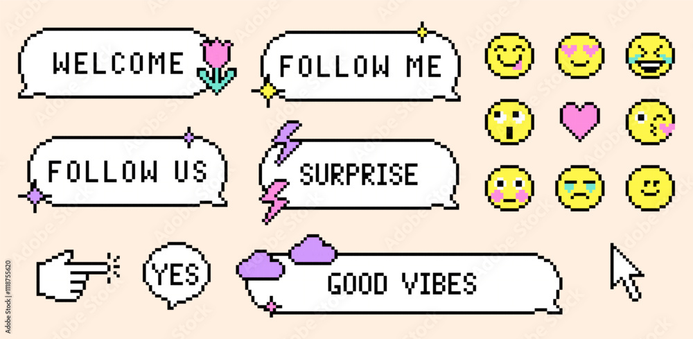 Poster vector cute speech bubble with text saying welcome, follow me. y2k sticker set in pixel art. 8 bit r