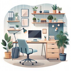 Fototapeta premium Modern Home Office Setup with Wooden Desk and Plants