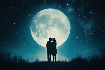 Couple shares a romantic moment under a glowing full moon in a starlit sky