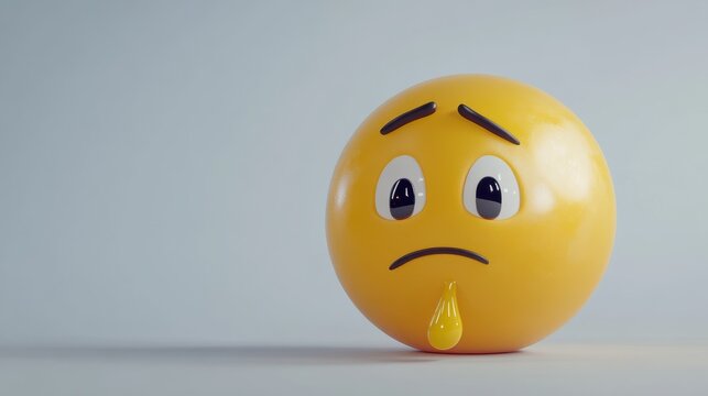 A sad yellow emoji face with a single tear drop falling down, expressing sadness and sorrow on a white background. High-quality 3D render.