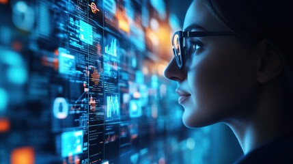 A woman in glasses examining digital interfaces with data overlaying her face banner. UX coding, big data analytics, artificial intelligence, technology, and innovation in high-tech environment