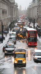 Fototapeta premium Angry farmers block London streets with tractors in rainy conditions, holding umbrellas and facing nearby traffic, including a red bus and white van