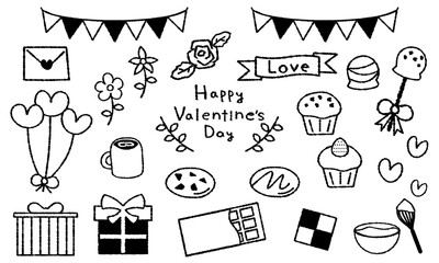 白黒手描き風バレンタインデーイラスト素材セット