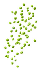 Falling Green Peas isolated on white background, full depth of field, transparent png background