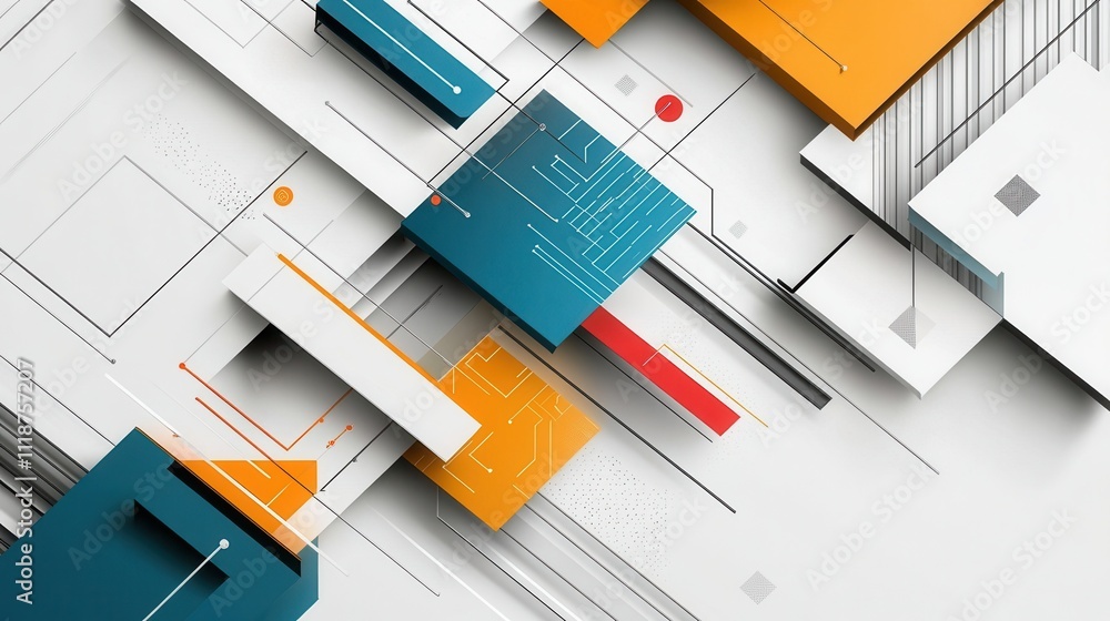 Poster abstract geometric design featuring colorful shapes and lines on a light background.