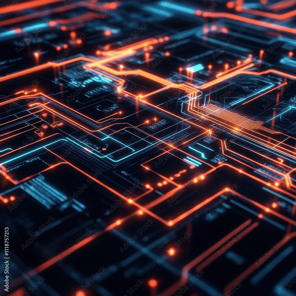 Poster a vibrant digital circuit board design with glowing lines and nodes.