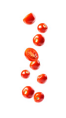 An enchanting image capturing the beauty of falling cherry tomatoes on a pristine white background, in full focus with a transparent png format. 