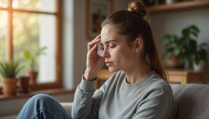 A woman suffering from headache headache holding an ice pack to her head, sitting on a couch in a cozy home environment 