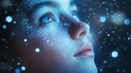 child gazes upward, surrounded by glowing particles