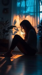 Silhouette of a depressed woman sitting on the floor in a bedroom