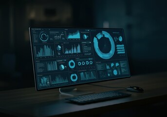 Data analysis science and big data with AI technology. Analyst or Scientist uses a computer and dashboard for analysis of information on complex data sets on computer. Insights development