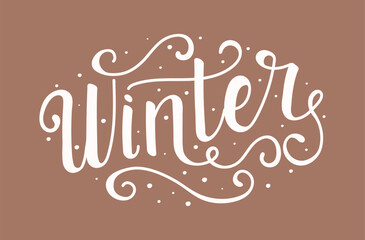 Winter word hand drawn typography on Mocha Mousse background. Season design for invitation, greeting card. Handwritten Lettering template design in 2025 year color