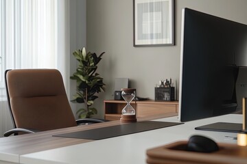 Modern office workspace featuring a decorative hourglass and a comfortable chair in a stylish setting