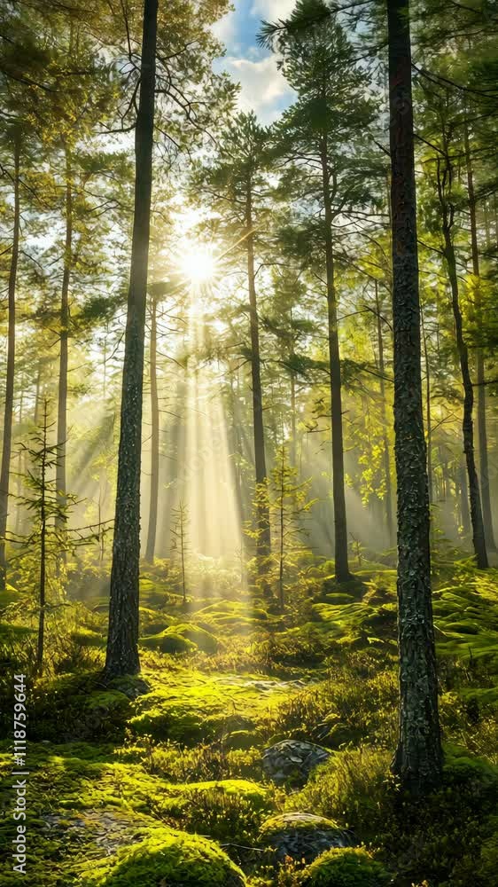 Poster sunlight streams through trees in a lush forest, creating a serene atmosphere at dawn