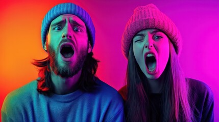 Beautiful male and female portrait on multicolored neon light backgroud. Smiling, surprised, screaming. Human emotions, facial expression. Creative collage made of different photos of 16 models.
