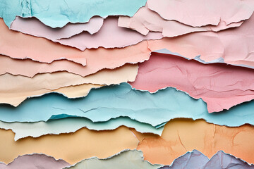 Fototapeta premium A layered collage of torn paper textures in soft pastels and bold contrasting shades. Paper texture background. AI generated.