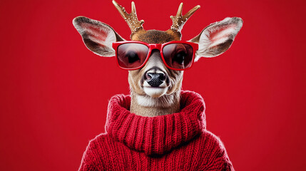 portrait of a reindeer, hand holding a deer, deer in a background, red background