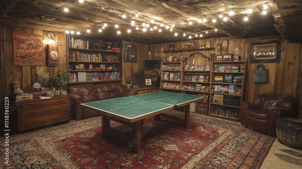 Poster A rustic cabin game room features a green ping pong table surrounded by cozy seating and warm string lights. Shelves filled with games create a welcoming atmosphere.