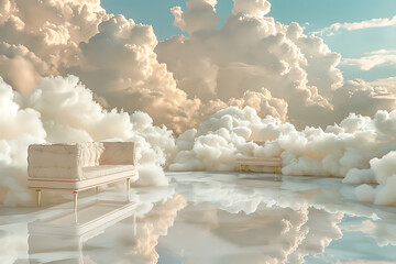 surreal interior design, in a surreal living room, gravity seems to be a gentle suggestion furniture drifts weightlessly, a sofa defies physics mid-air, and colors swirl like liquid smoke