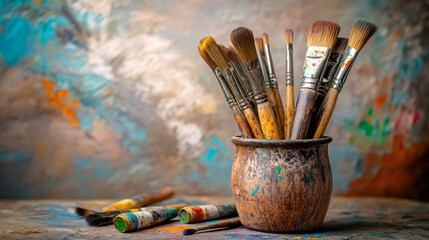 Warm colors and textures meld in the artistic chaos of paintbrushes and tools captured in natural light