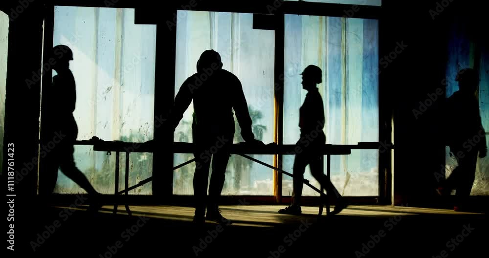 Aufkleber architecture, engineer and silhouette of construction worker people on building site for property de