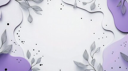 A clean white background surrounded by organic shapes in pastel lavender and deep purple, with delicate black leaf line drawings and scattered black dots, for a soothing abstract design.