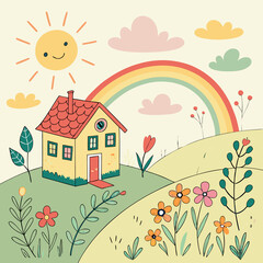 a picture of a house with a rainbow in the sky, a drawing of a house with a sun and flowers, a picture of a house with a rainbow and butterflies