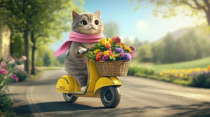 A chubby cat wearing a pink scarf riding a yellow scooter with a basket full of colorful flowers and fresh vegetables, cruising through a sunny countryside road.