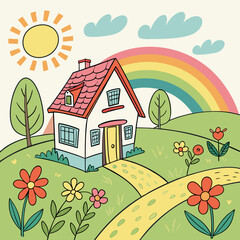 Fototapeta premium a picture of a house with a rainbow in the sky, a drawing of a house with a sun and flowers, a picture of a house with a rainbow and butterflies