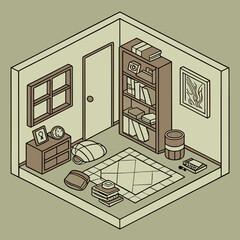 flat design illustration of a building, a drawing of a room with a book on the top of it, sketch of a room