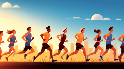 Obraz premium diverse group of runners jogging through vibrant cityscape during sunset