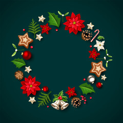 Christmas card with poinsettia flowers, Christmas balls, bells, holly, mistletoe, fir branches, pine cones, stars, and cookies on a dark turquoise background. Greeting or invitation card design