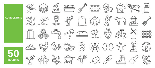 Set of 50 line icons related to agriculture, farming, farmer, seedling, growing, barn, cultivation, harvest, farmland, Editable stroke. Vector illustration