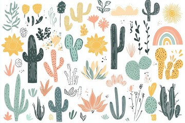 Colorful cacti and succulent plants illustrations with flowers, leaves, and sun elements on a white background. Ideal for spring and summer designs.