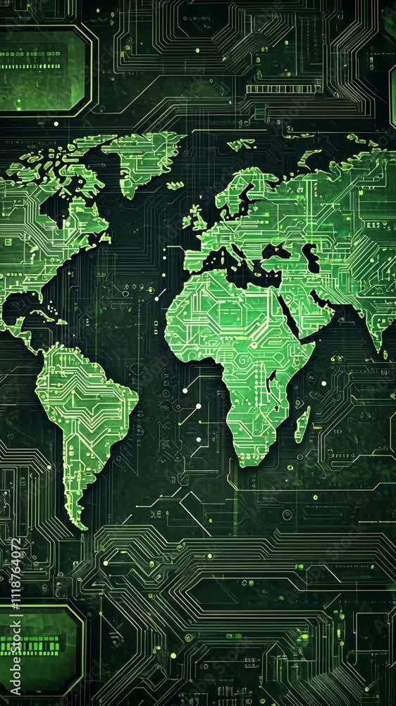 Poster world map design featuring circuit board patterns in vibrant green tones for technology-inspired pro