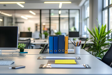 Neatly organized workspace with colorful file folders in a contemporary office