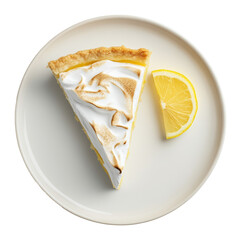 Slice of lemon meringue pie with lemon wedge on white plate, culinary art and dessert presentation concept