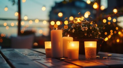 Soft music plays in the background adding to the magical ambiance of the candlelit rooftop stargazing experience. 2d flat cartoon.