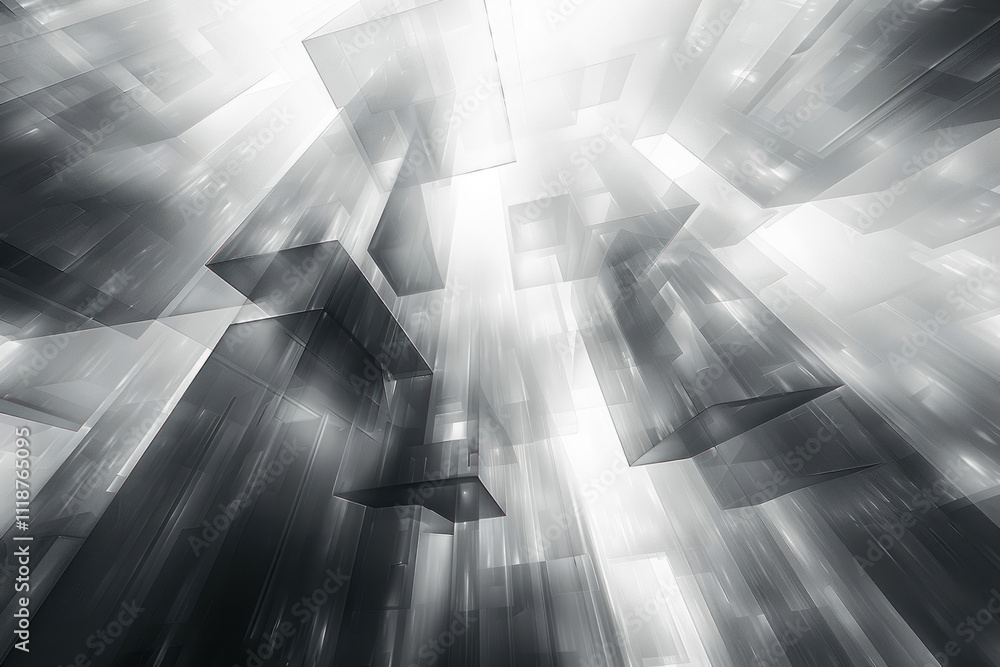 Poster abstract graphic design with multiple intersecting transparent and reflective surfaces creating the 