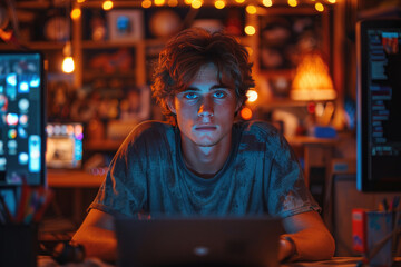 Fototapeta premium young man focused on working at the computer. The screen lighting highlights his gaze and creates an intense blue glow, giving the scene a modern, technological feel.