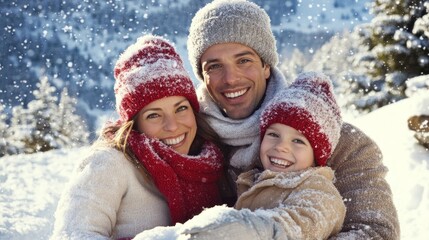 Obraz premium Happy family in snowy landscape, bundled in cozy winter clothes, creating joyful memories outdoors while snow gently falls around them.