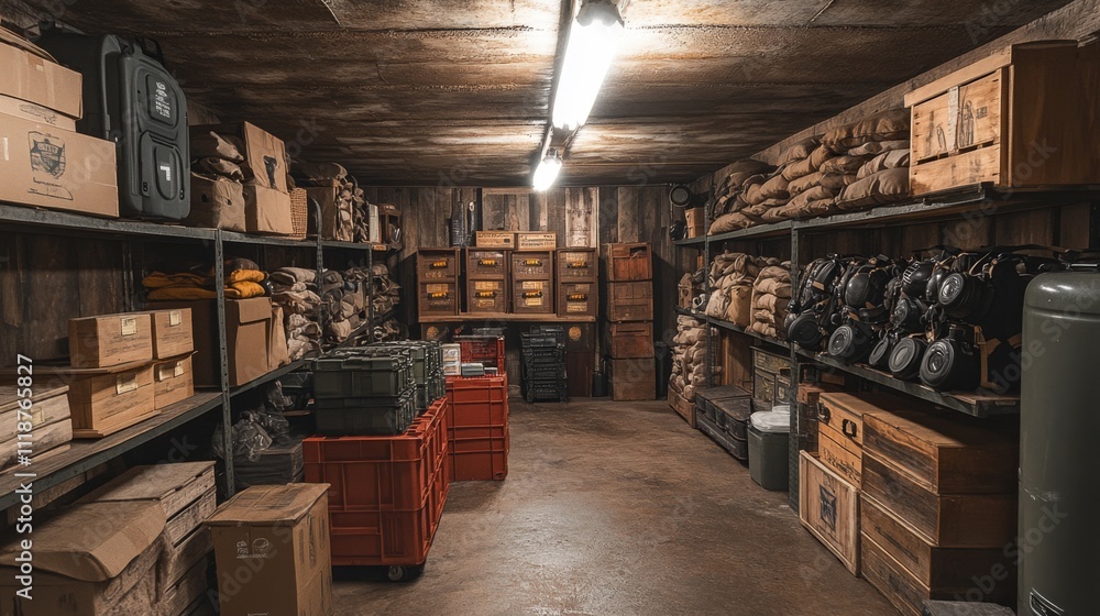 Poster a cluttered storage area features wooden crates, stacked boxes, and metal containers lining the shel