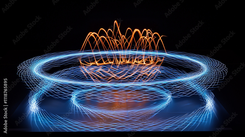 Poster intricate light trails create an abstract, cosmic scene. orange and blue light forms swirling patter