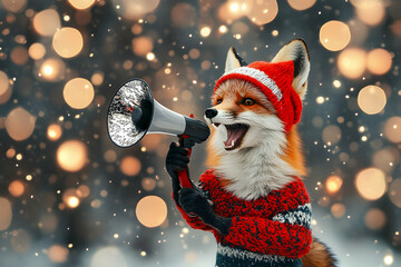 Cheerful fox in festive attire holding a megaphone against a sparkling bokeh background