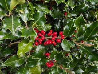 English holly (Ilex Aquifolium) with red berries. Autumn background
