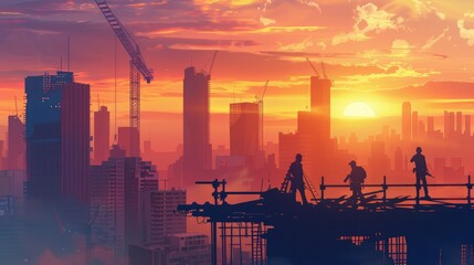 Silhouette of construction workers on a skyscraper under construction at sunset. Cityscape with cranes in the background.