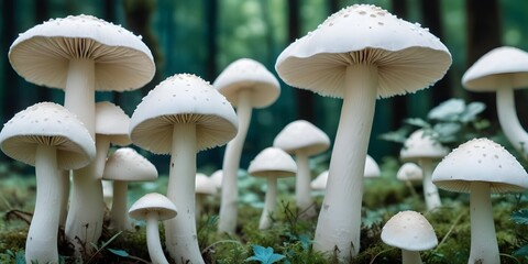 White mushrooms growing in a forest, with a blue-green background