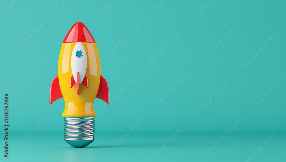 Poster a unique idea of a rocket within a light bulb, representing innovative thoughts and aspirations for 